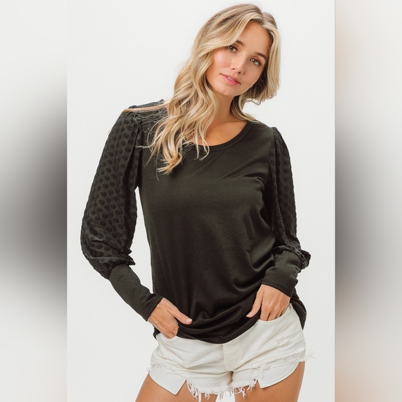 BiBi Round Neck Polka Dot Lantern Sleeve Top - Picture 5 of 6